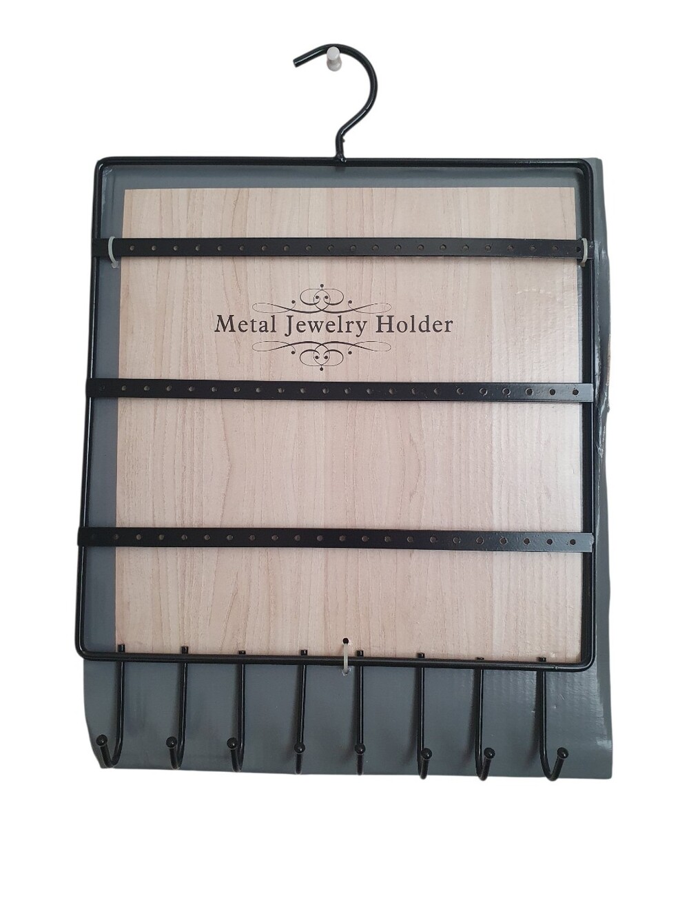 Hanging Black Metal Jewelry Rack,  Holds Necklaces, Earrings & Bracelets, Hooks